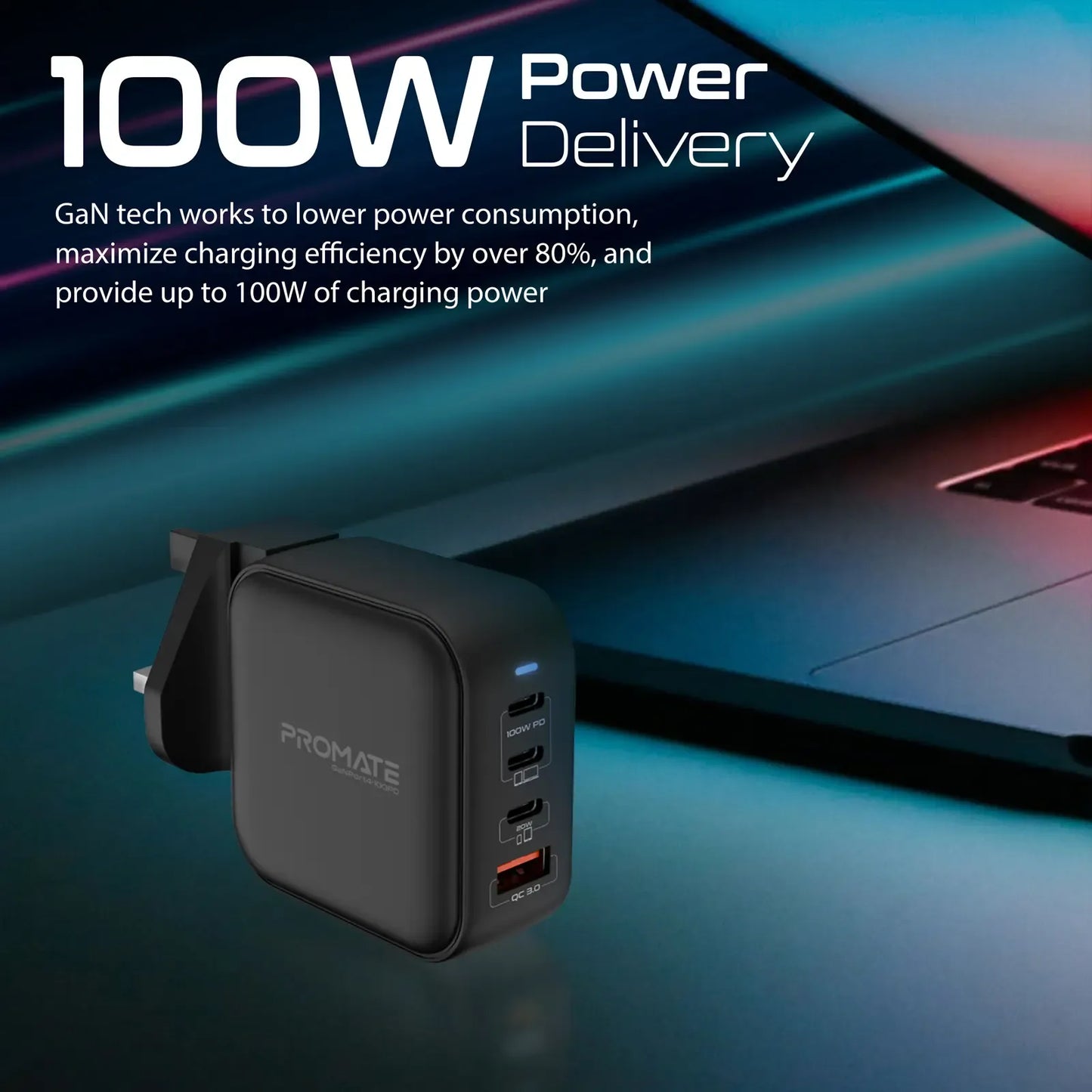 Promate 100W GaNFast Charger with Quick Charge 3.0 | 4-Port USB-C PD Desktop Charger | 55% Smaller Power Adapter | TechFndrs