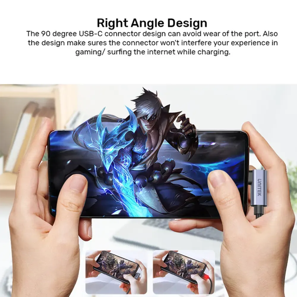 UNITEK 100W USB-C Cable 90 Degrees | 1 Meter Fast Charging | Right Angle Design | Nylon Braided | TechFndrs