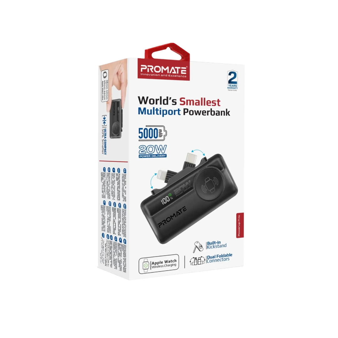 Promate PowerUp Trio 5000mAh Ultra Compact Power Bank | 3-in-1 Cable | Keychain Design | Pocket Power | TechFndrs