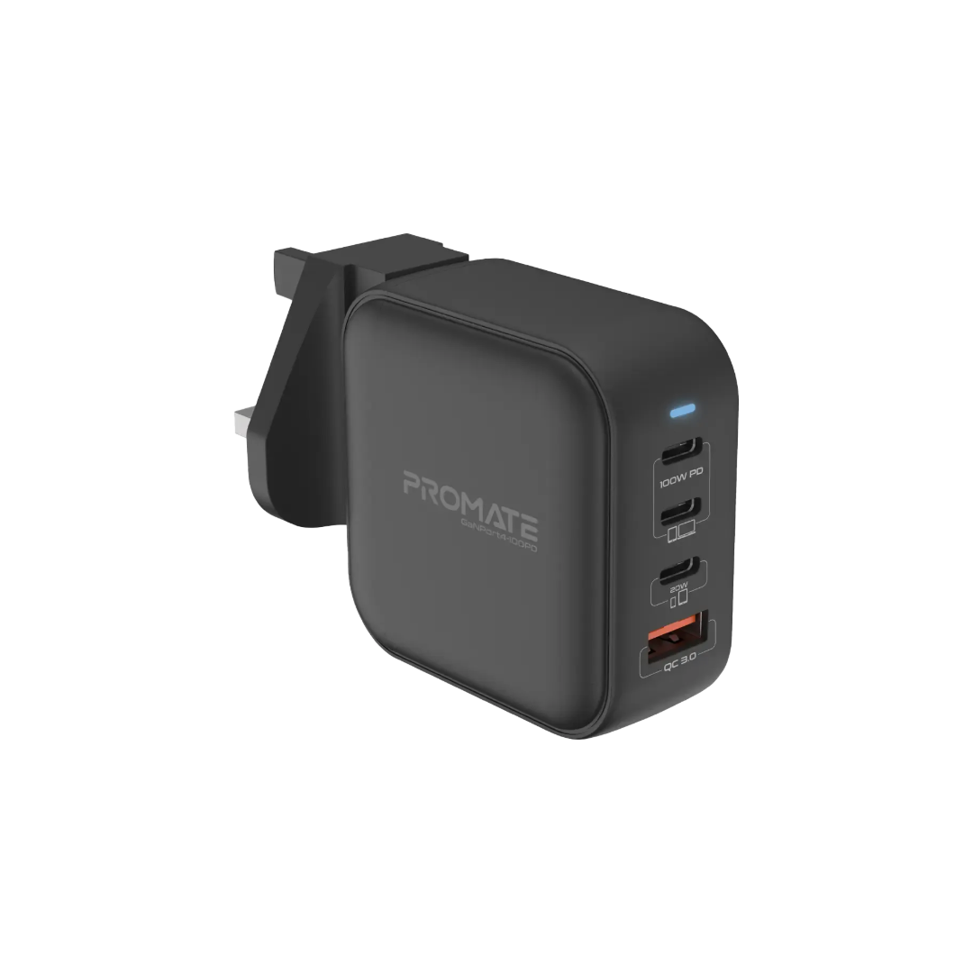 Promate 100W GaNFast Charger with Quick Charge 3.0 | 4-Port USB-C PD Desktop Charger | 55% Smaller Power Adapter | TechFndrs