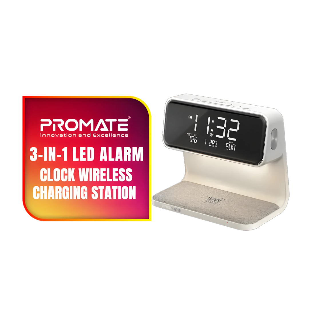 Promate 3-in-1 LED Alarm Clock with 15W Wireless Charger | Wireless Phone & Earbuds Charging | Digital Display | TechFndrs