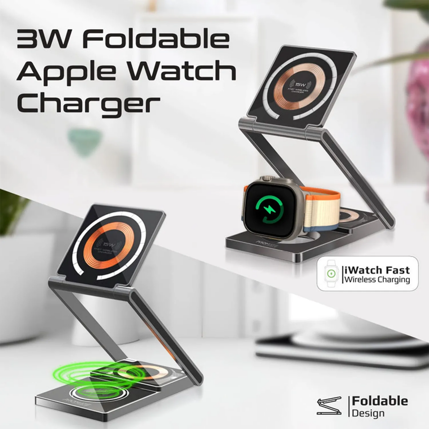 Promate LucidFold-Trio 3-in-1 Wireless Charging Station | 15W MagSafe Foldable Stand | Apple Watch & AirPods Charger | TechFndrs