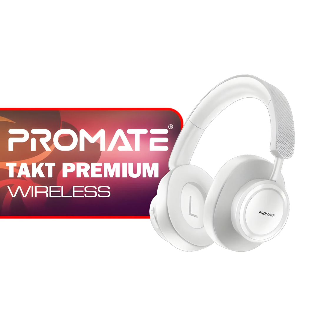 Promate Takt High Fidelity Over-Ear Stereo Wireless Headphones | 12H Playtime | Bluetooth 5.4 | Foldable | White | TechFndrs
