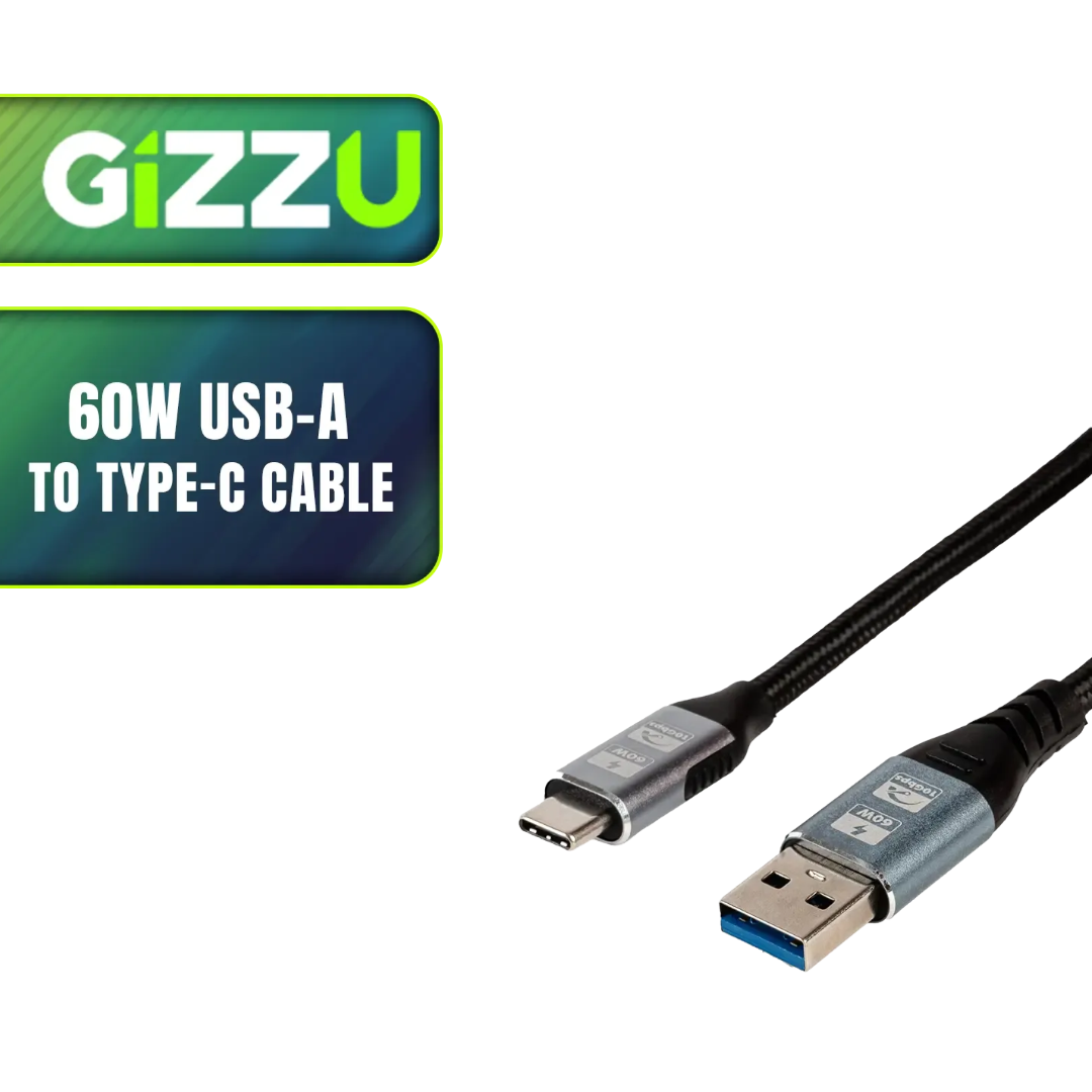 Gizzu 60W USB-A to Type-C Cable | 2 Meter Fast Charging | Durable Nylon Braided | Universal Compatibility | TechFndrs