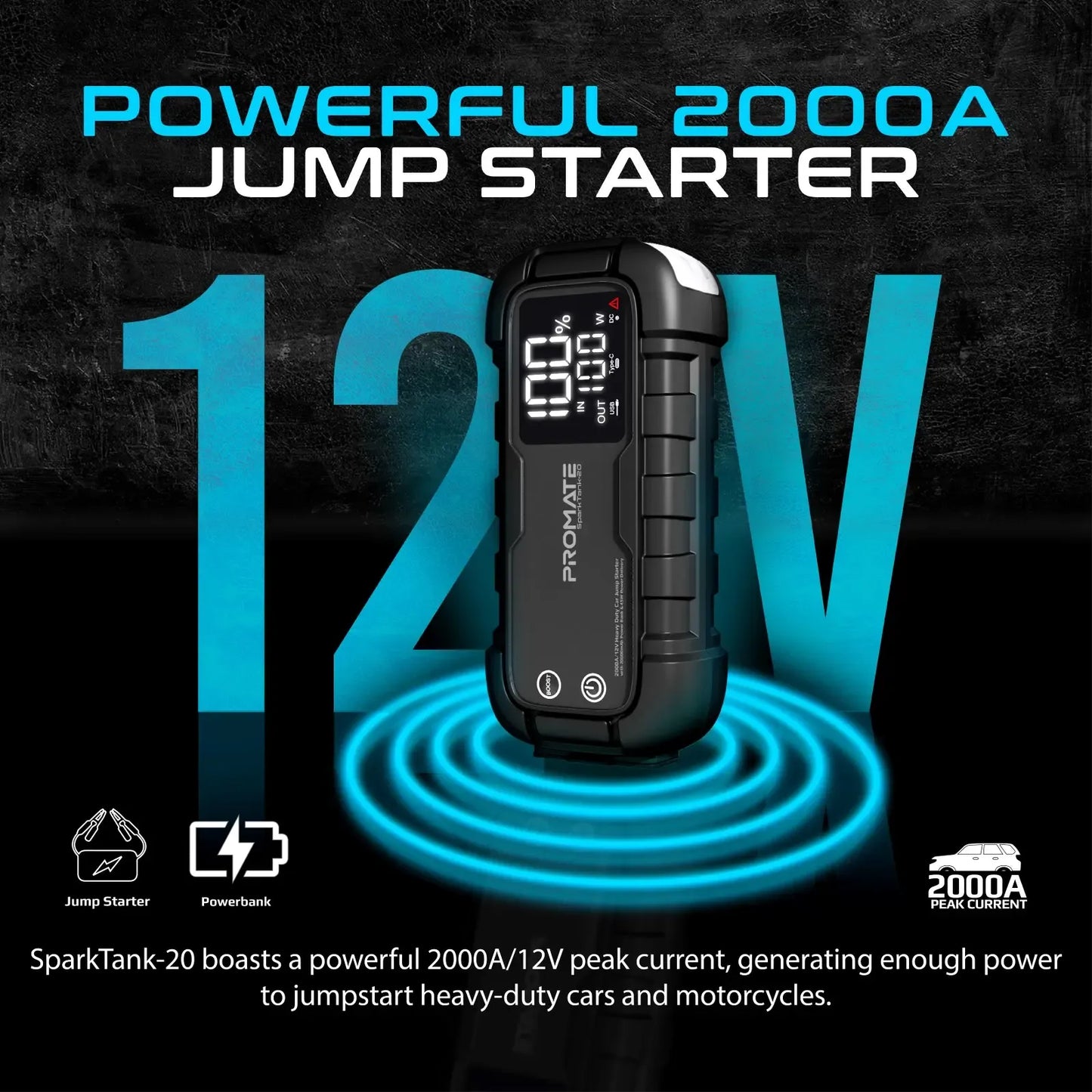 Promate 2000A Heavy-Duty Car Jump Starter | 12V Portable Power Bank | LED Flashlight | TechFndrs