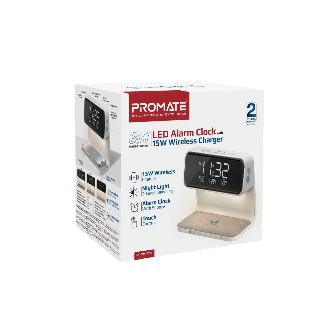 Promate 3-in-1 LED Alarm Clock with 15W Wireless Charger | Wireless Phone & Earbuds Charging | Digital Display | TechFndrs