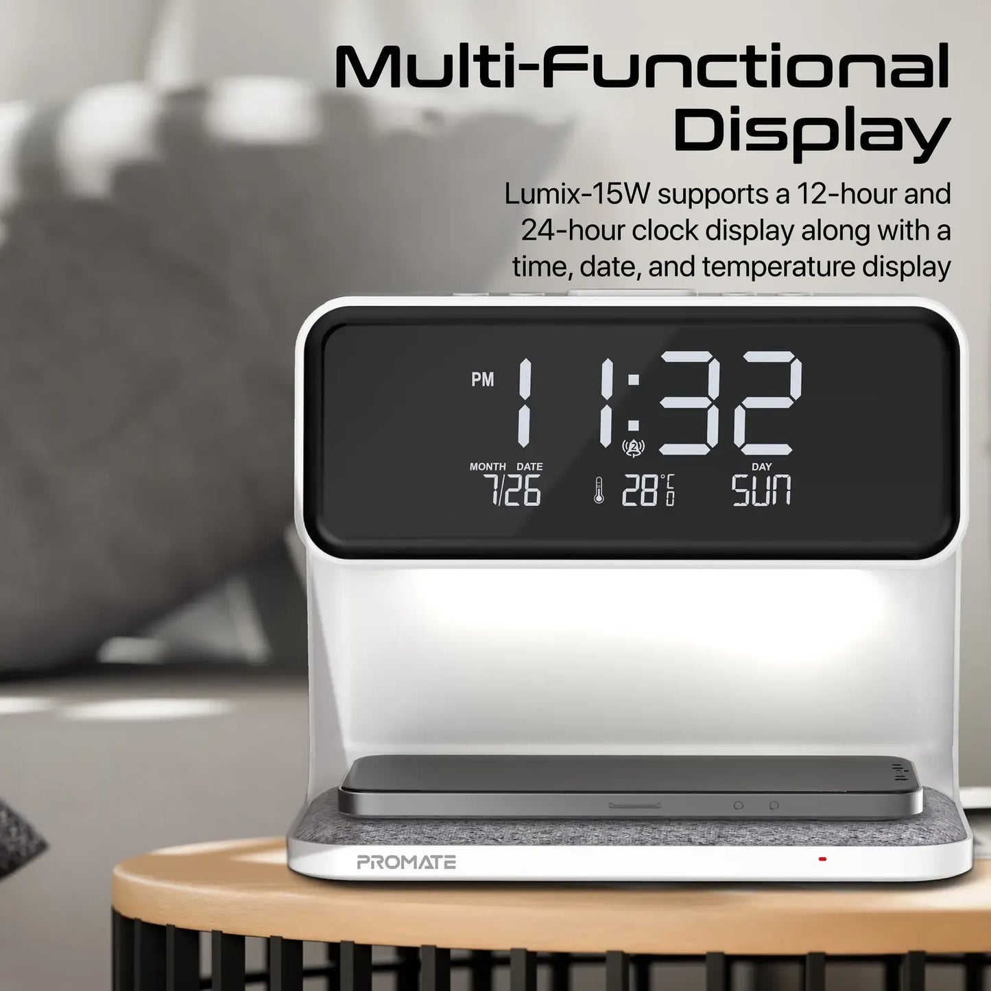 Promate 3-in-1 LED Alarm Clock with 15W Wireless Charger | Wireless Phone & Earbuds Charging | Digital Display | TechFndrs