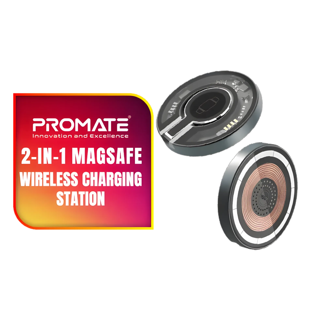 Promate MagRing 2-in-1 Transparent MagSafe Wireless Charging Station | 15W Phone & 3W Apple Watch Charger | Foldable Kickstand | TechFndrs