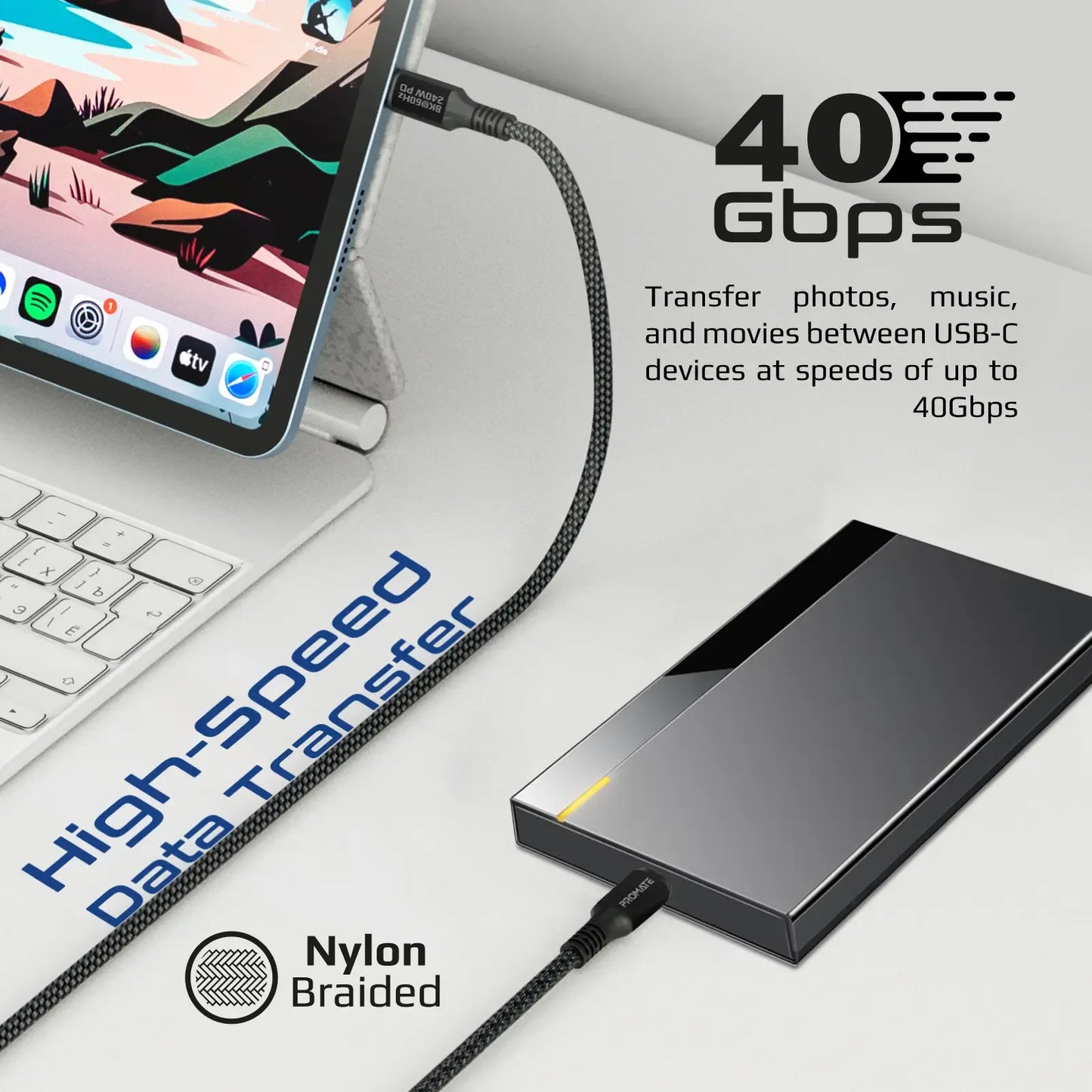 Promate PowerBolt 240W USB-C Cable | 40Gbps Data Transfer | 8K@60Hz Video | 2M Length | 10000+ Bend Lifespan | TechFndrs