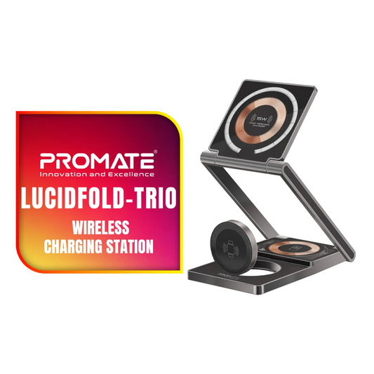 Promate LucidFold-Trio 3-in-1 Wireless Charging Station | 15W MagSafe Foldable Stand | Apple Watch & AirPods Charger | TechFndrs