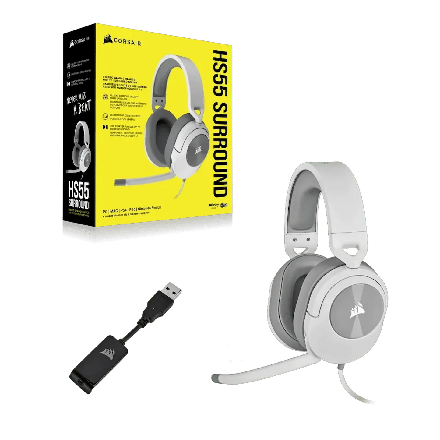 HS55 SURROUND Wired Gaming Headset - White | Dolby Audio 7.1 | 50mm Neodymium Drivers | Multi-Platform | TechFndrs