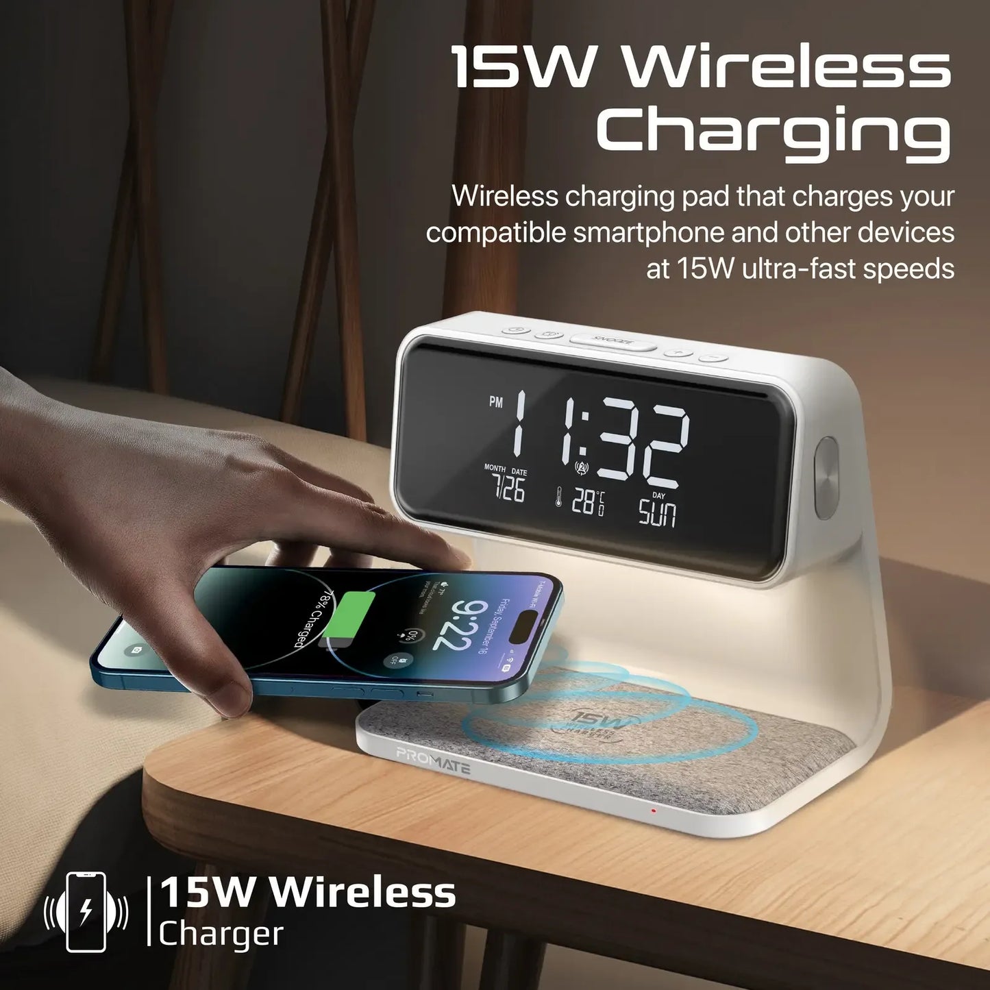 Promate 3-in-1 LED Alarm Clock with 15W Wireless Charger | Wireless Phone & Earbuds Charging | Digital Display | TechFndrs