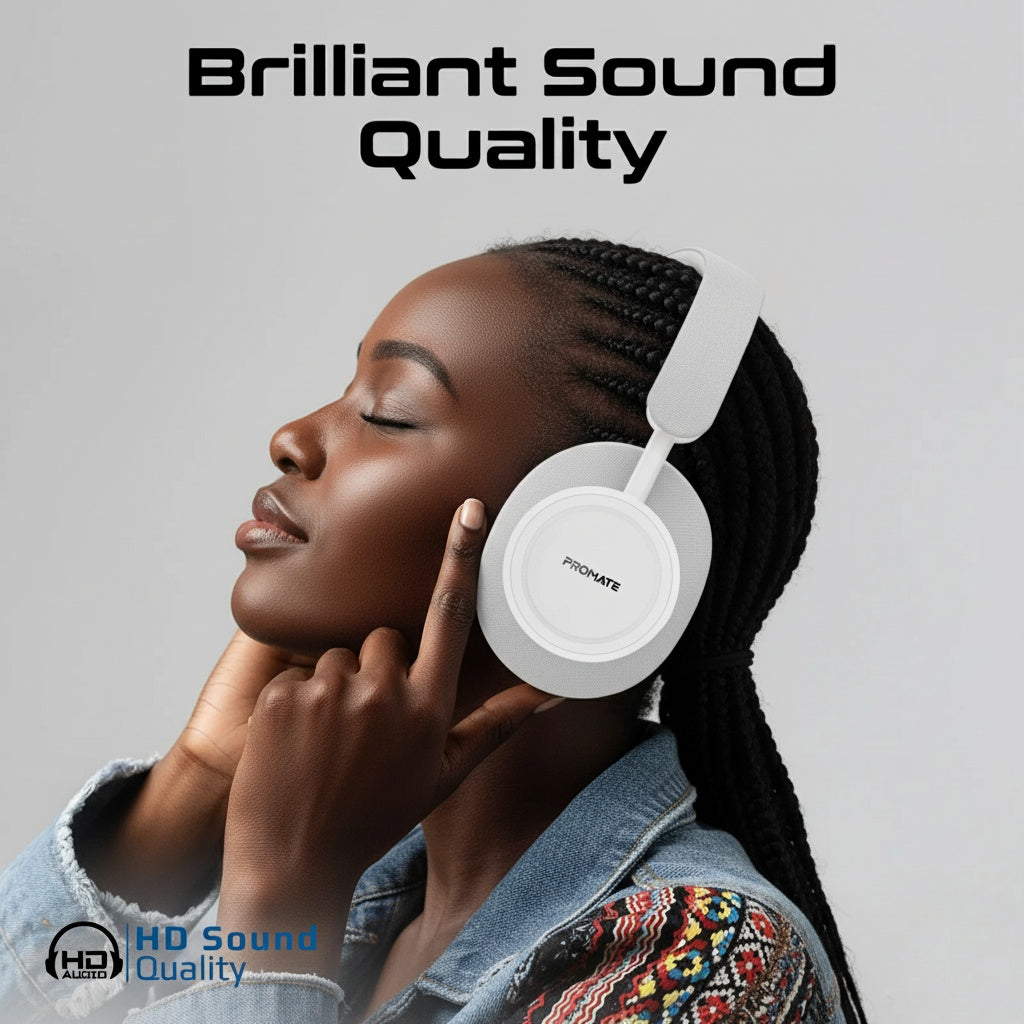 Promate Takt High Fidelity Over-Ear Stereo Wireless Headphones | 12H Playtime | Bluetooth 5.4 | Foldable | White | TechFndrs