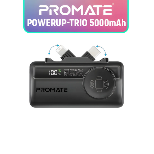 Promate PowerUp Trio 5000mAh Ultra Compact Power Bank | 3-in-1 Cable | Keychain Design | Pocket Power | TechFndrs