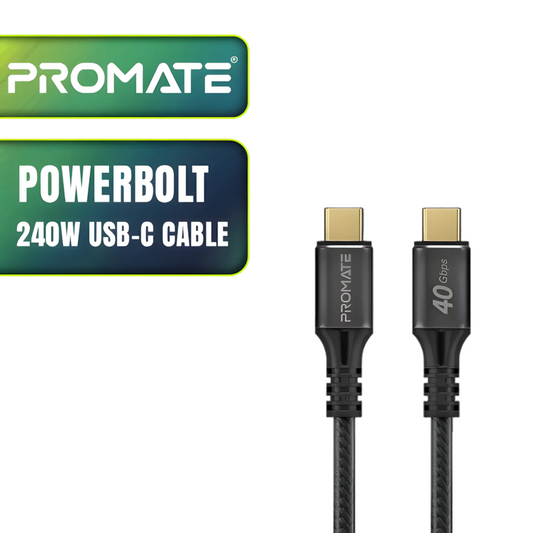 Promate PowerBolt 240W USB-C Cable | 40Gbps Data Transfer | 8K@60Hz Video | 2M Length | 10000+ Bend Lifespan | TechFndrs