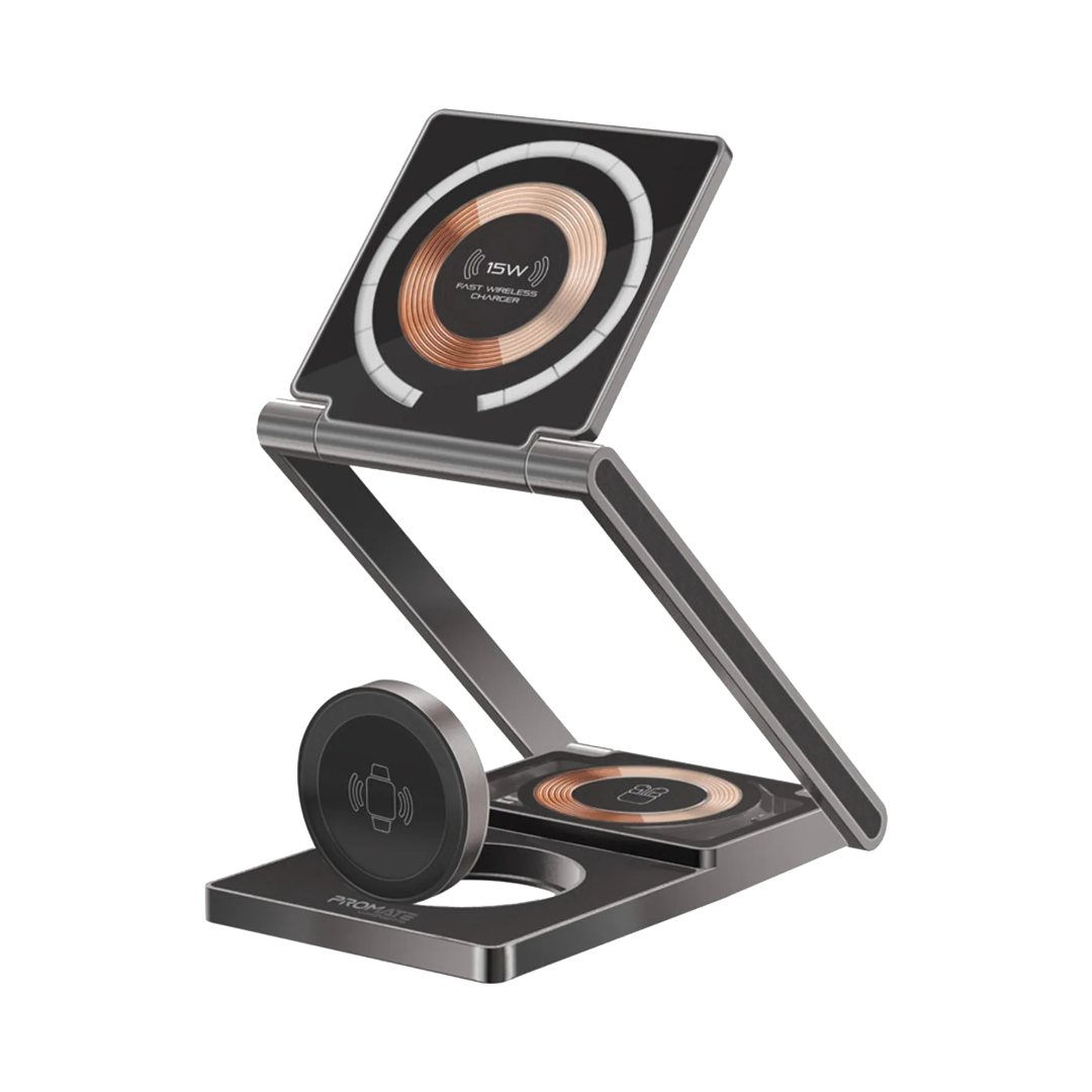 Promate LucidFold-Trio 3-in-1 Wireless Charging Station | 15W MagSafe Foldable Stand | Apple Watch & AirPods Charger | TechFndrs