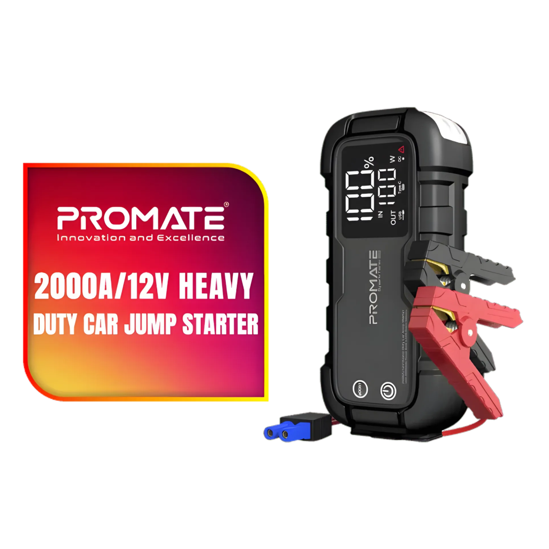 Promate 2000A Heavy-Duty Car Jump Starter | 12V Portable Power Bank | LED Flashlight | TechFndrs