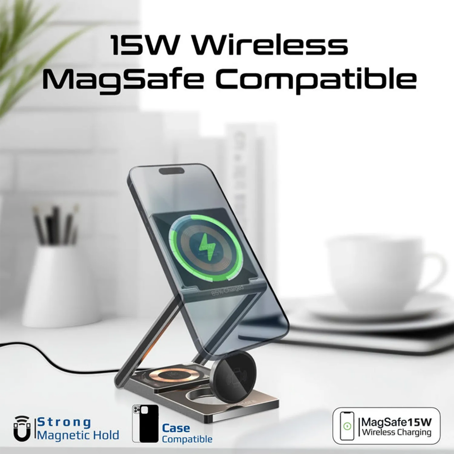 Promate LucidFold-Trio 3-in-1 Wireless Charging Station | 15W MagSafe Foldable Stand | Apple Watch & AirPods Charger | TechFndrs