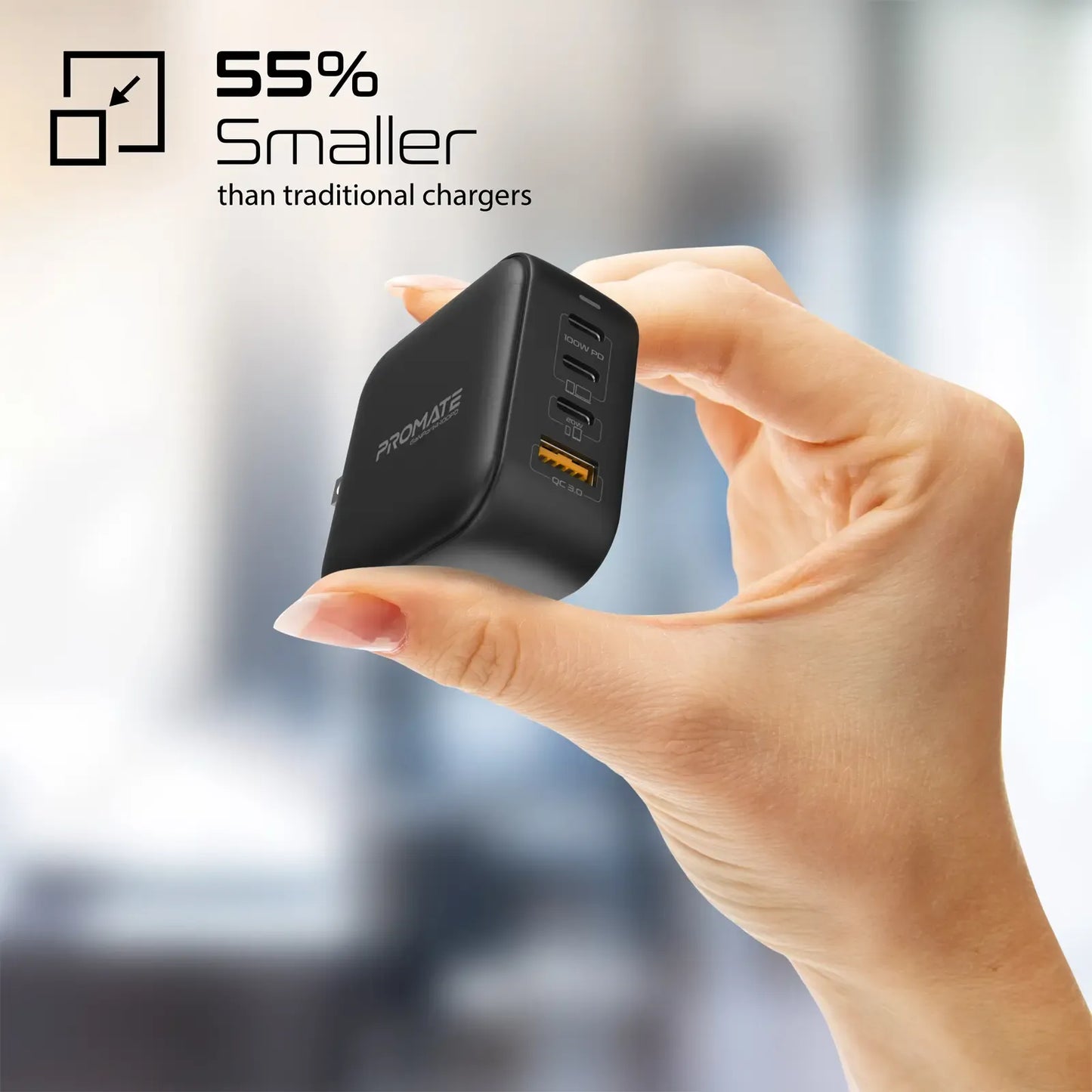 Promate 100W GaNFast Charger with Quick Charge 3.0 | 4-Port USB-C PD Desktop Charger | 55% Smaller Power Adapter | TechFndrs