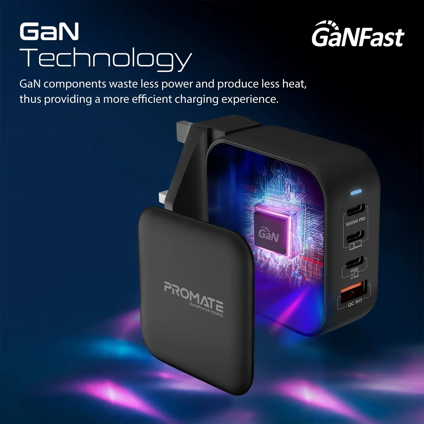 Promate 100W GaNFast Charger with Quick Charge 3.0 | 4-Port USB-C PD Desktop Charger | 55% Smaller Power Adapter | TechFndrs