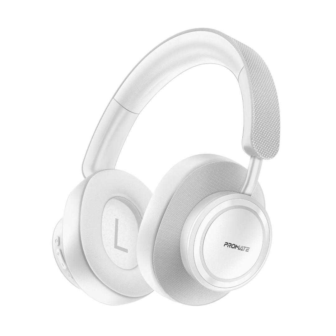 Promate Takt High Fidelity Over-Ear Stereo Wireless Headphones | 12H Playtime | Bluetooth 5.4 | Foldable | White | TechFndrs