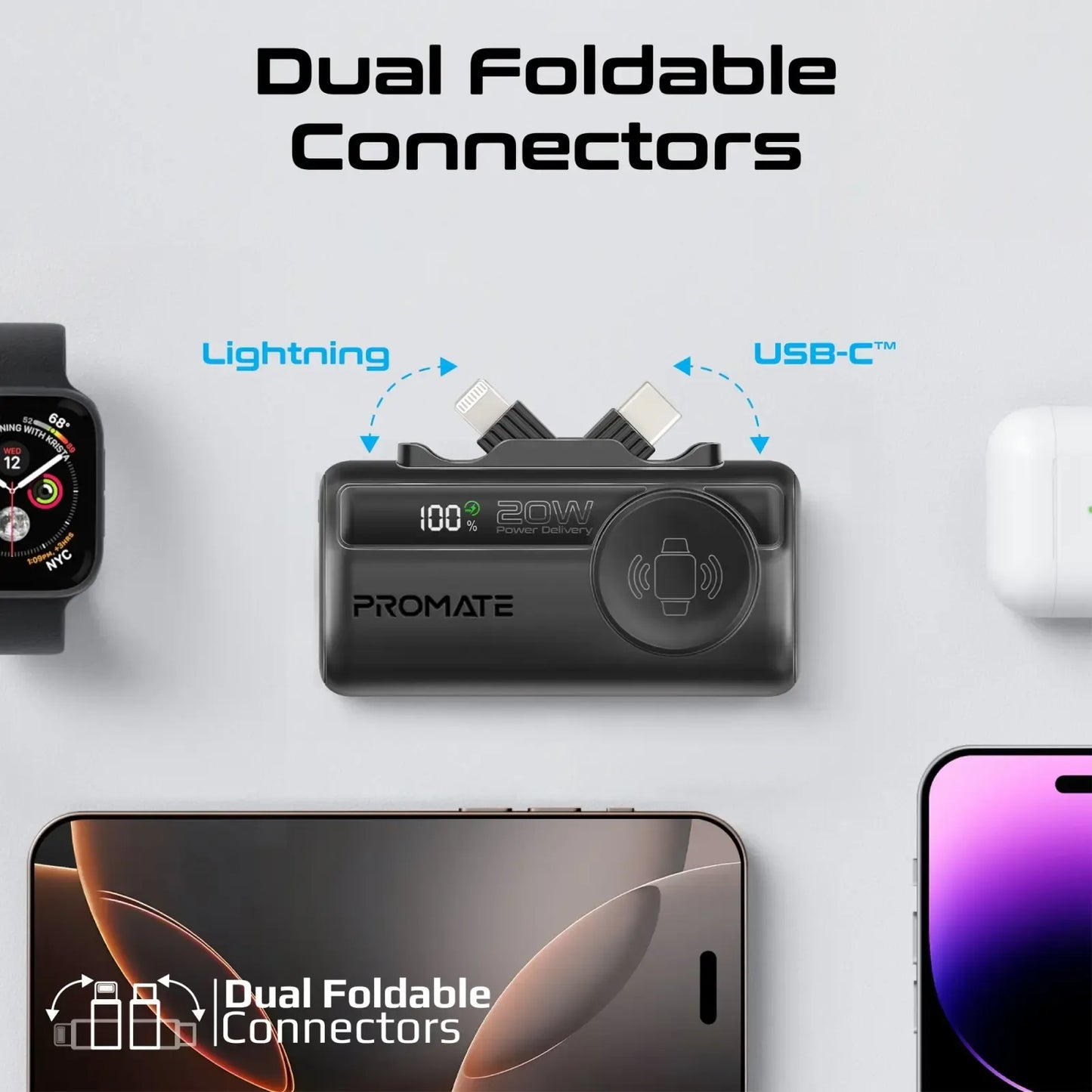 Promate PowerUp Trio 5000mAh Ultra Compact Power Bank | 3-in-1 Cable | Keychain Design | Pocket Power | TechFndrs