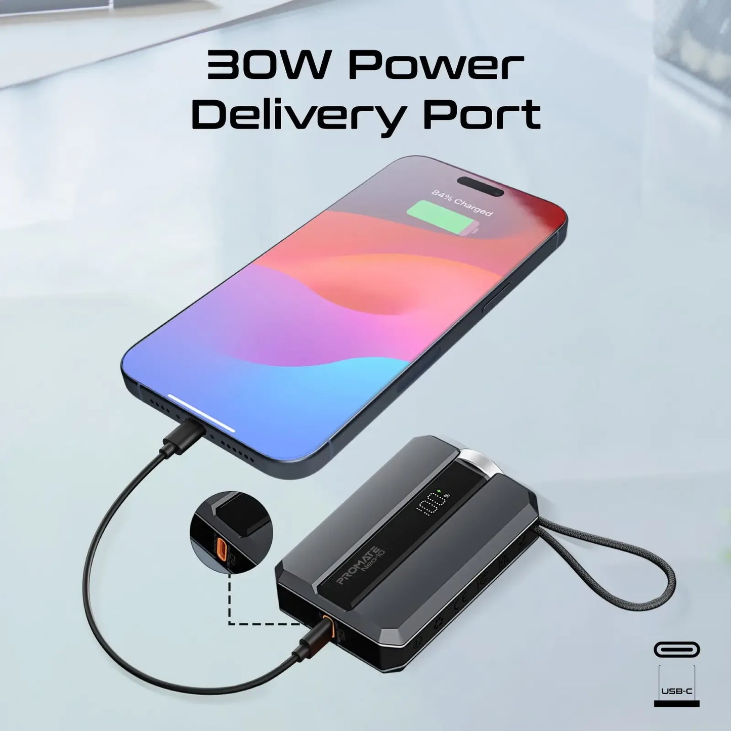 Promate NEO 10 10000mAh Ultra-Fast Power Bank | 22.5W Super Fast Charging | Dual USB-C & USB-A | Compact Design | Grey | TechFndrs