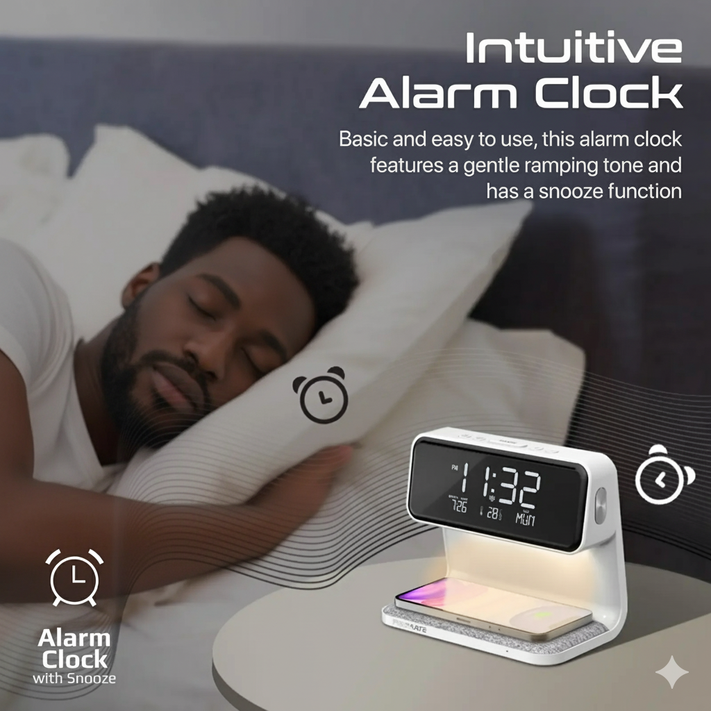 Promate 3-in-1 LED Alarm Clock with 15W Wireless Charger | Wireless Phone & Earbuds Charging | Digital Display | TechFndrs