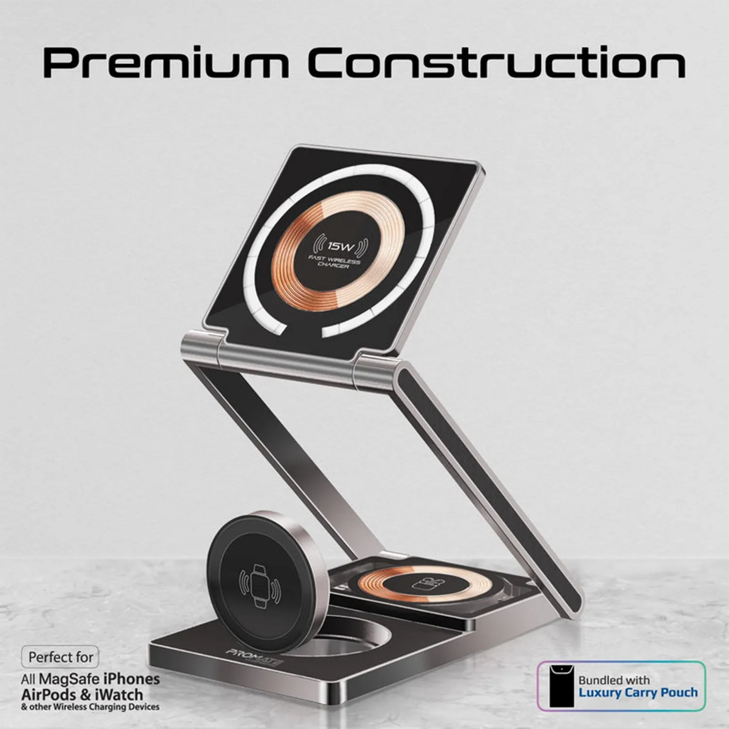 Promate LucidFold-Trio 3-in-1 Wireless Charging Station | 15W MagSafe Foldable Stand | Apple Watch & AirPods Charger | TechFndrs