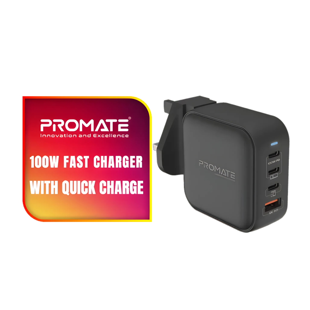 Promate 100W GaNFast Charger with Quick Charge 3.0 | 4-Port USB-C PD Desktop Charger | 55% Smaller Power Adapter | TechFndrs