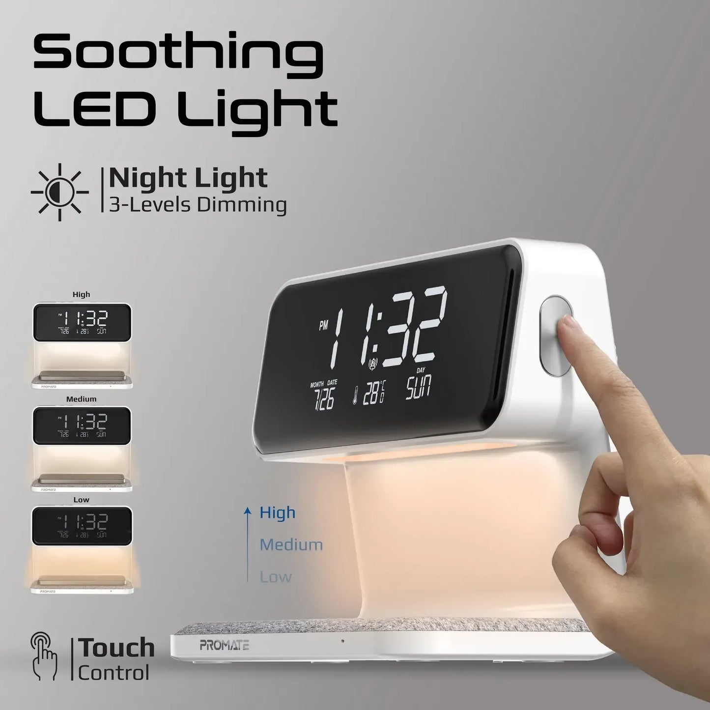 Promate 3-in-1 LED Alarm Clock with 15W Wireless Charger | Wireless Phone & Earbuds Charging | Digital Display | TechFndrs