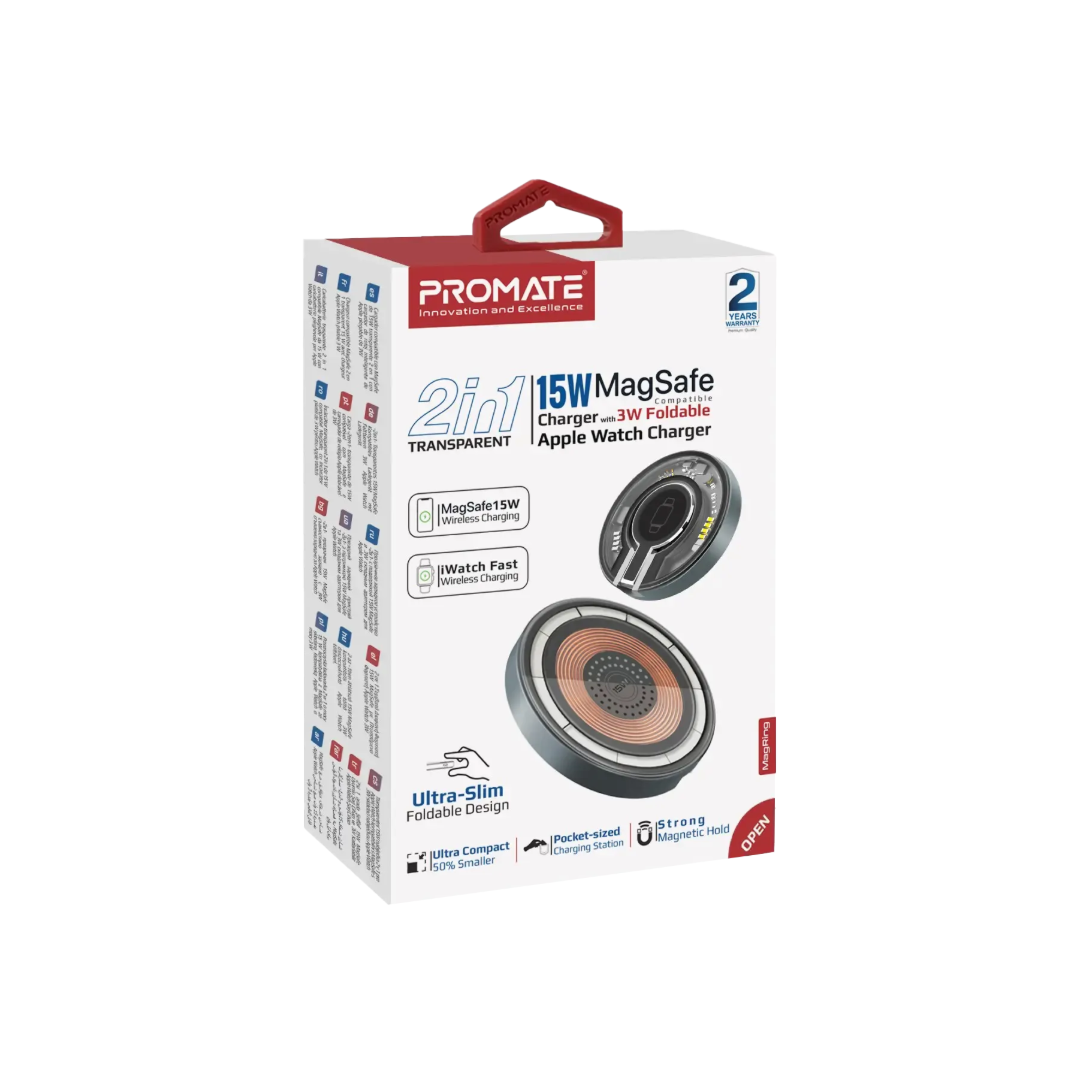 Promate MagRing 2-in-1 Transparent MagSafe Wireless Charging Station | 15W Phone & 3W Apple Watch Charger | Foldable Kickstand | TechFndrs