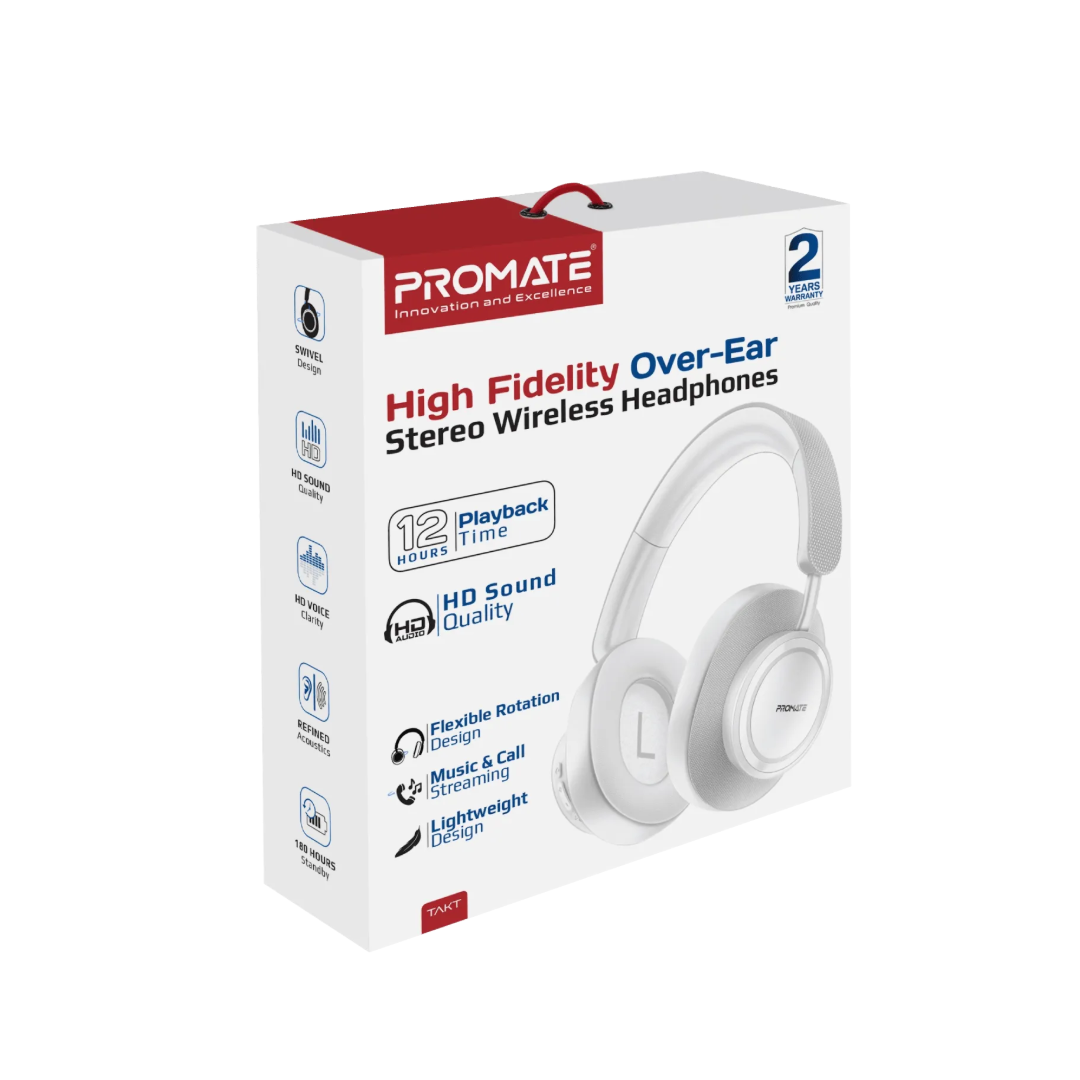 Promate Takt High Fidelity Over-Ear Stereo Wireless Headphones | 12H Playtime | Bluetooth 5.4 | Foldable | White | TechFndrs