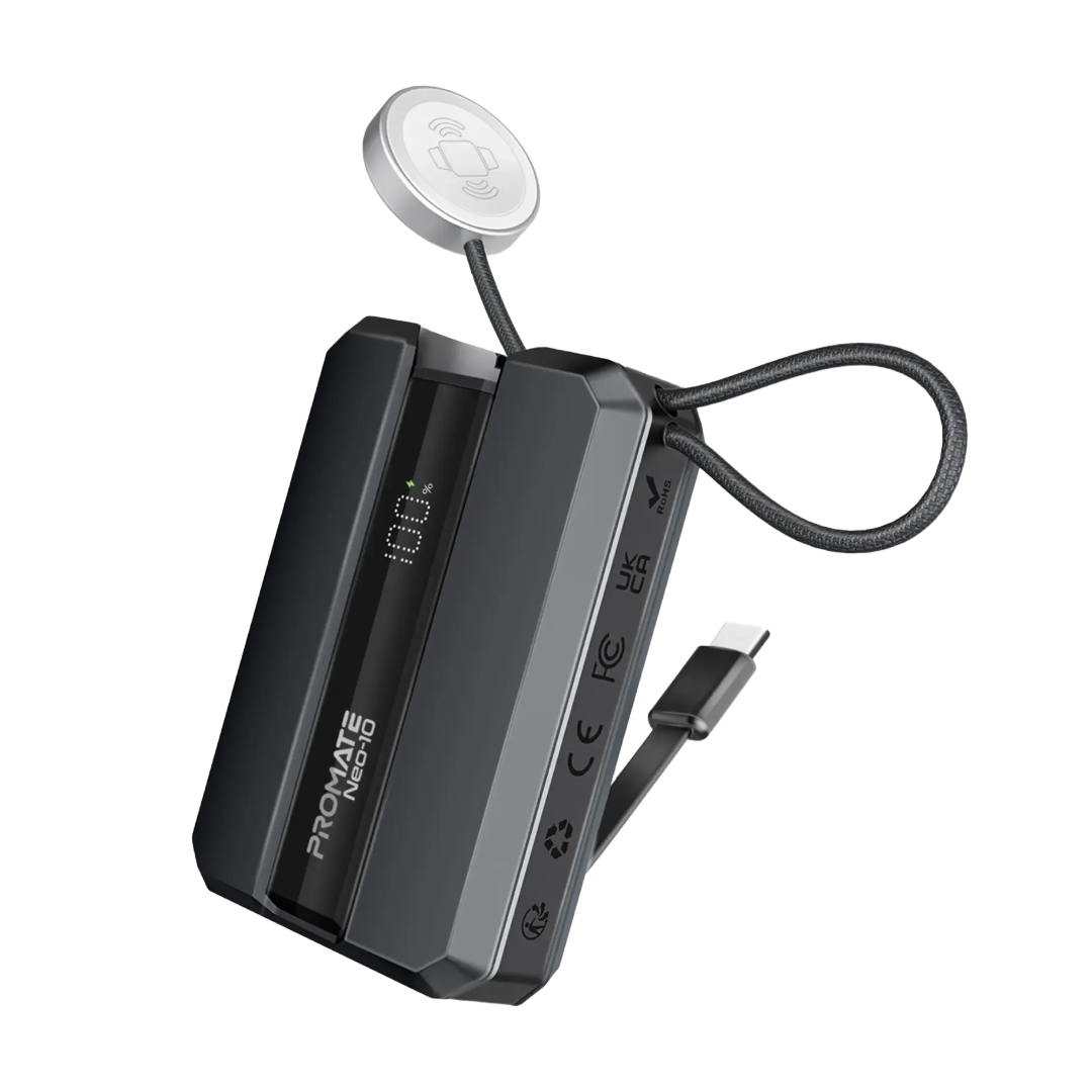 Promate NEO 10 10000mAh Ultra-Fast Power Bank | 22.5W Super Fast Charging | Dual USB-C & USB-A | Compact Design | Grey | TechFndrs