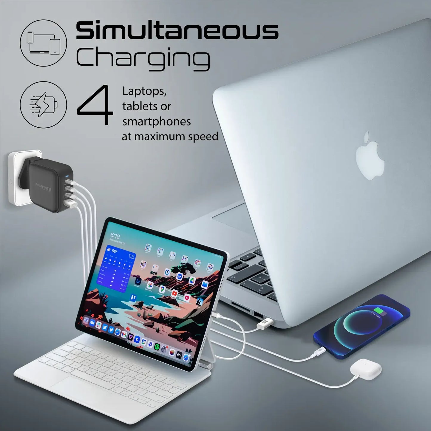 Promate 100W GaNFast Charger with Quick Charge 3.0 | 4-Port USB-C PD Desktop Charger | 55% Smaller Power Adapter | TechFndrs