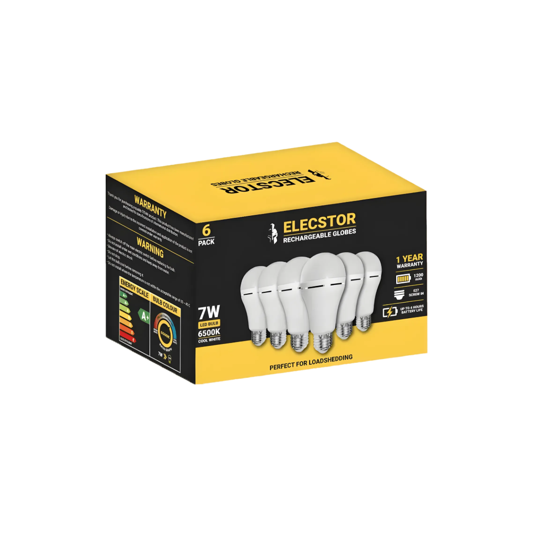 Elecstor Rechargeable E27 Bulb 6 Pack | 7W Cool White | 4-Hour Emergency Light | Built-in Lithium Battery | TechFndrs