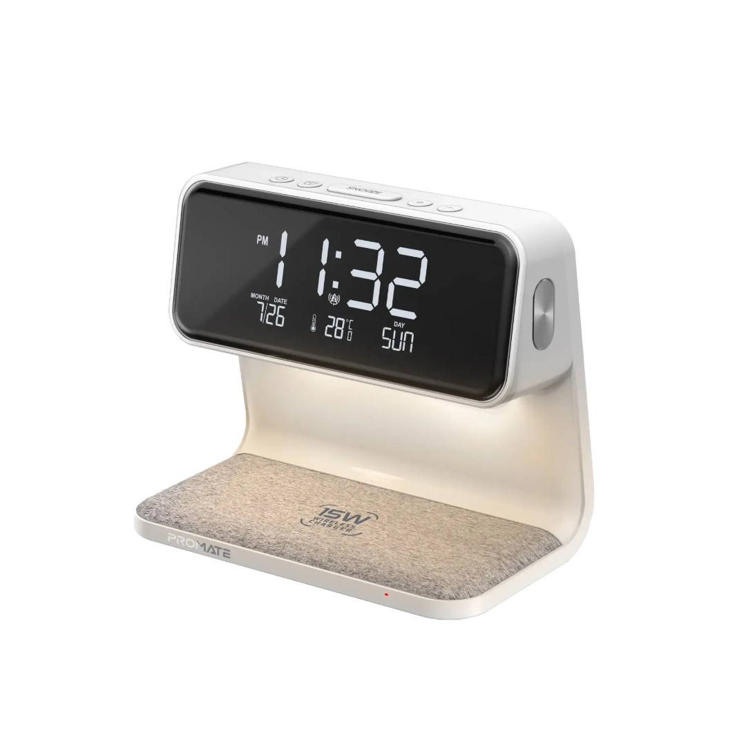 Promate 3-in-1 LED Alarm Clock with 15W Wireless Charger | Wireless Phone & Earbuds Charging | Digital Display | TechFndrs