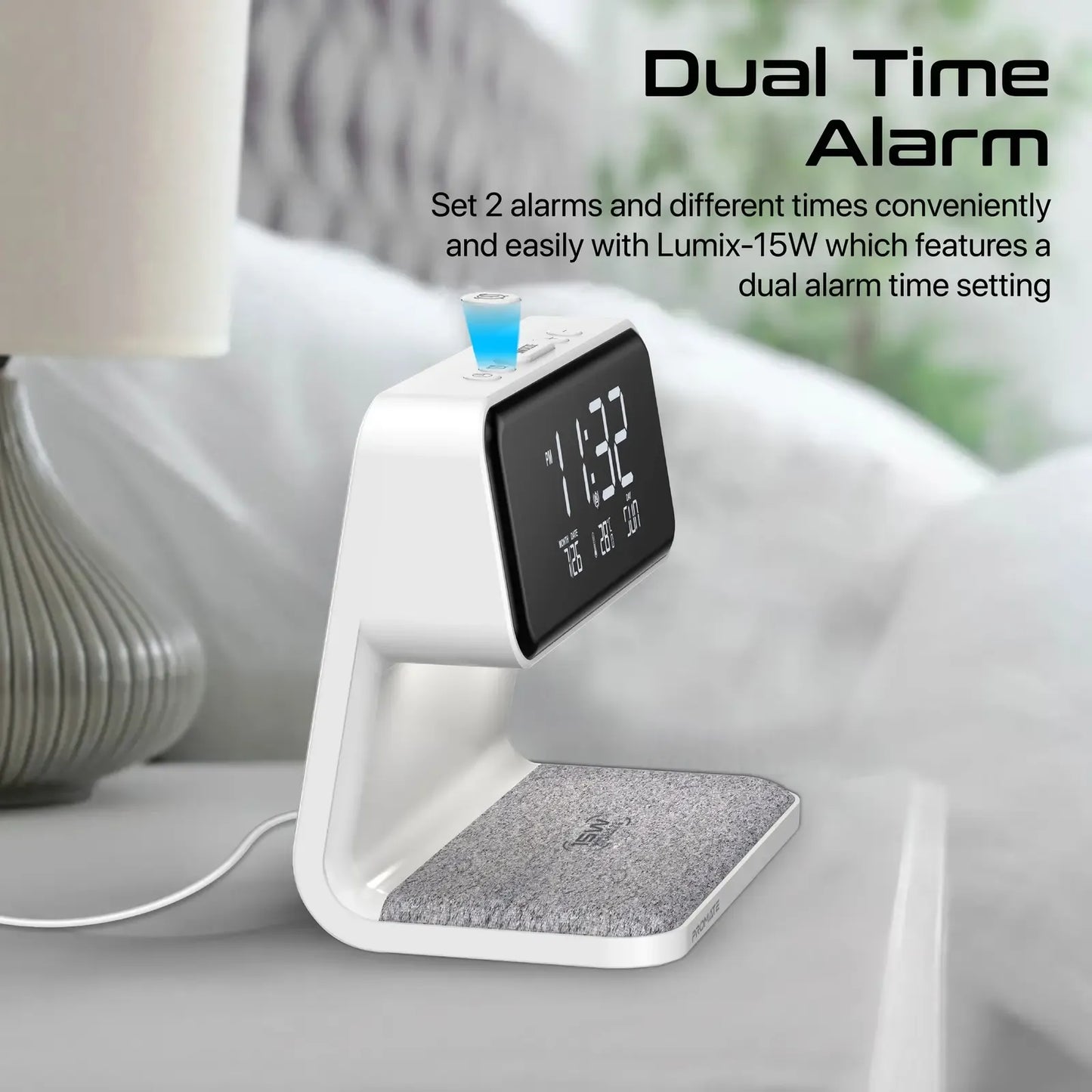 Promate 3-in-1 LED Alarm Clock with 15W Wireless Charger | Wireless Phone & Earbuds Charging | Digital Display | TechFndrs