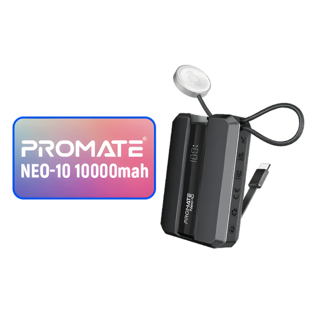 Promate NEO 10 10000mAh Ultra-Fast Power Bank | 22.5W Super Fast Charging | Dual USB-C & USB-A | Compact Design | Grey | TechFndrs