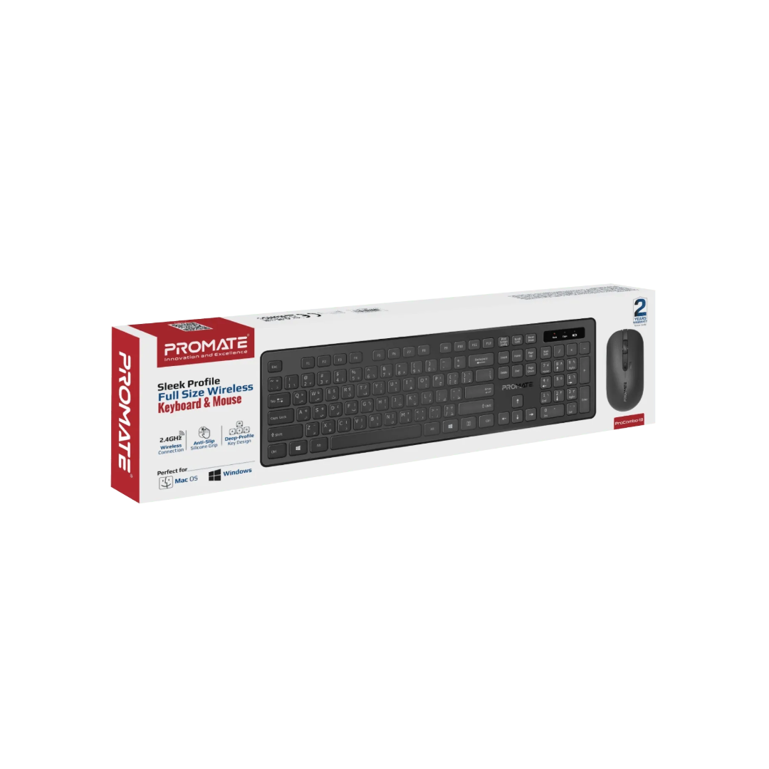 Promate ProCombo 13 Wireless Mouse & Keyboard Combo | 2.4GHz USB Receiver | Silent Keys | 1600 DPI | TechFndrs
